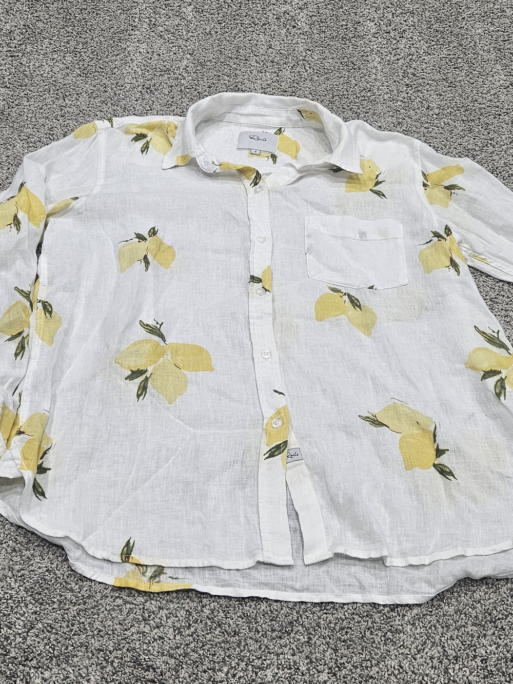 Rails White Linen-Blend Button-Up Shirt with Yellow Lemon Print
